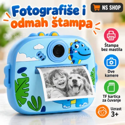 Fotoaparat za decu sa štampačem Dinosaurus plavi – štampa bez mastila, dve kamere i TF kartica