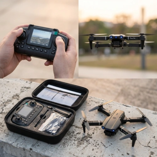 Dron E99 Max sa uključenim prednjim LED svetlima u mraku