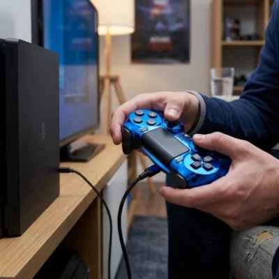 Plavi metalik kontroler za PS4 sa strane sa tasterima i palicama