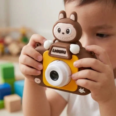 fotoaparat-za-decu-labubu-braon-sa-gumenom-maskom-3 Sadržaj seta Labubu dečiji fotoaparat sa vizirom i trakom