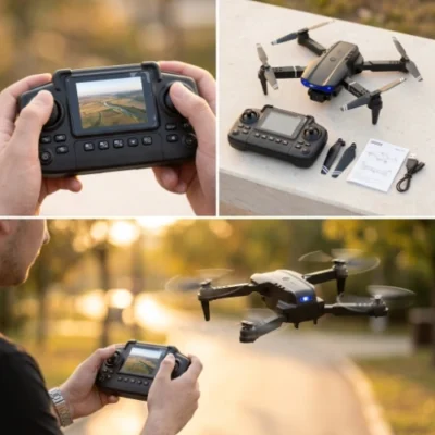 Sklopljeni crni dron E99 Max pored torbe za nošenje i dodatne opreme