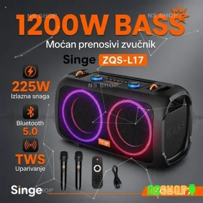 Veliki bluetooth zvučnik Singe ZQS-L17 sa dva bežična mikrofona