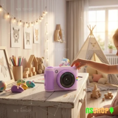 unicorn-ljubicasti-fotoaparat-za-decu Ljubičasti preklopni dečiji fotoaparat sa ekranom i ikonama za igre, muziku, video i fotografisanje
