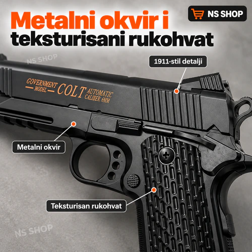 C.10 airsoft pištolj detalji - NS Shop Detalji C.10 airsoft pištolja, metalni okvir i teksturisani rukohvat - NS Shop