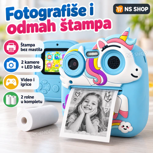 Fotoaparat za decu sa štampačem Plavi Jednorog 3D Fotoaparat za decu sa štampačem Plavi Jednorog 3D – instant štampa bez mastila