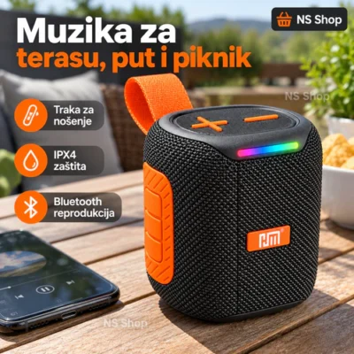 HM-846 prenosni zvučnik Prenosni Bluetooth zvučnik HM-846 na terasi uz telefon