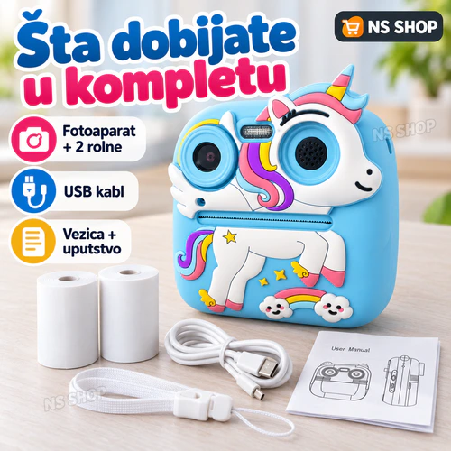 Plavi Jednorog 3D fotoaparat komplet Fotoaparat za decu Plavi Jednorog 3D sa dve rolne, USB kablom, vezicom i uputstvom