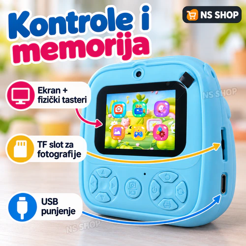 Plavi Jednorog 3D kontrole i memorija Kontrole, ekran, TF slot i USB punjenje na Plavi Jednorog 3D fotoaparatu za decu