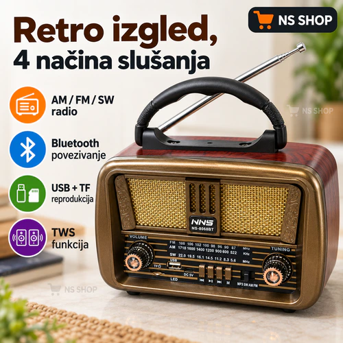 Retro radio NS-8068BT Retro radio NS-8068BT sa AM/FM/SW, Bluetooth, USB/TF i TWS funkcijom