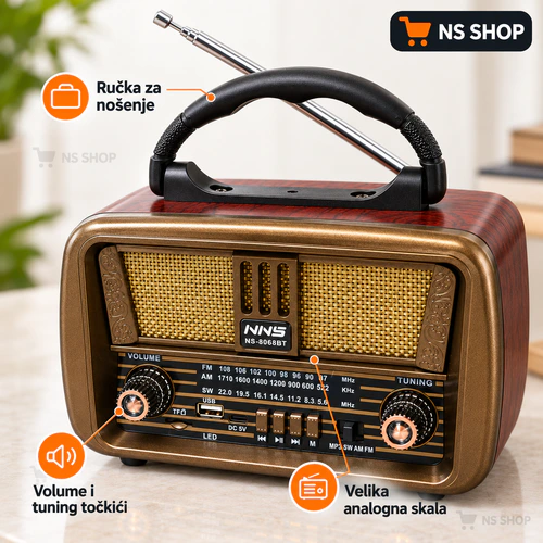 Retro radio NS-8068BT analogna skala Retro radio NS-8068BT sa velikom analognom skalom, točkićima i ručkom za nošenje