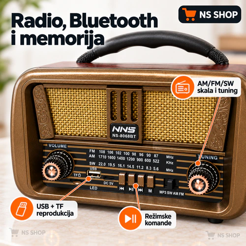 Retro radio NS-8068BT detalji Detalj komandi retro radija NS-8068BT sa AM/FM/SW skalom, USB i TF reprodukcijom