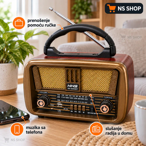 Retro radio NS-8068BT u upotrebi Retro radio NS-8068BT u kućnoj upotrebi uz Bluetooth povezivanje sa telefonom