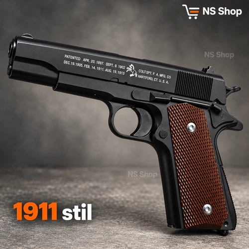 airsoft-pistolj-1911-braon-drska Airsoft pištolj 1911 stila sa metalnim okvirom i braon teksturisanom drškom - NS Shop