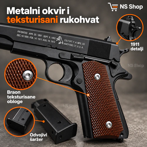 airsoft-pistolj-1911-metalni-okvir-detalj Detalji airsoft pištolja 1911 stila, metalni okvir i braon teksturisani rukohvat - NS Shop