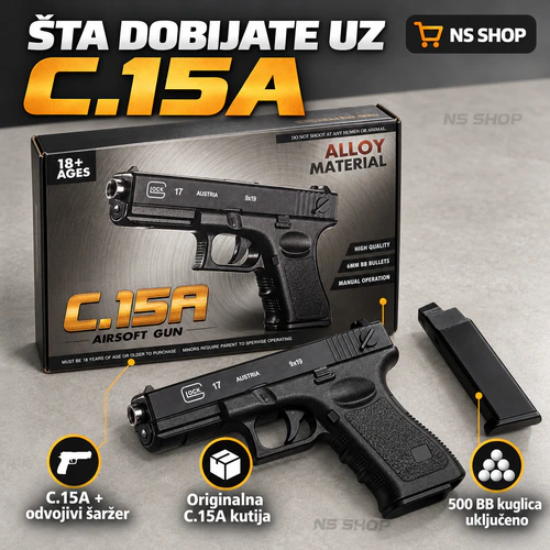 c15a-airsoft-pistolj-paket Airsoft pištolj C.15A – proizvod, originalna kutija i odvojivi šaržer