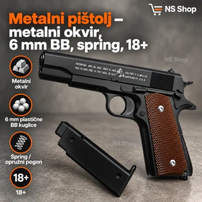 Metalni pištolj na kuglice 1911 stila sa metalnim okvirom, 6 mm BB i spring pogonom - NS Shop